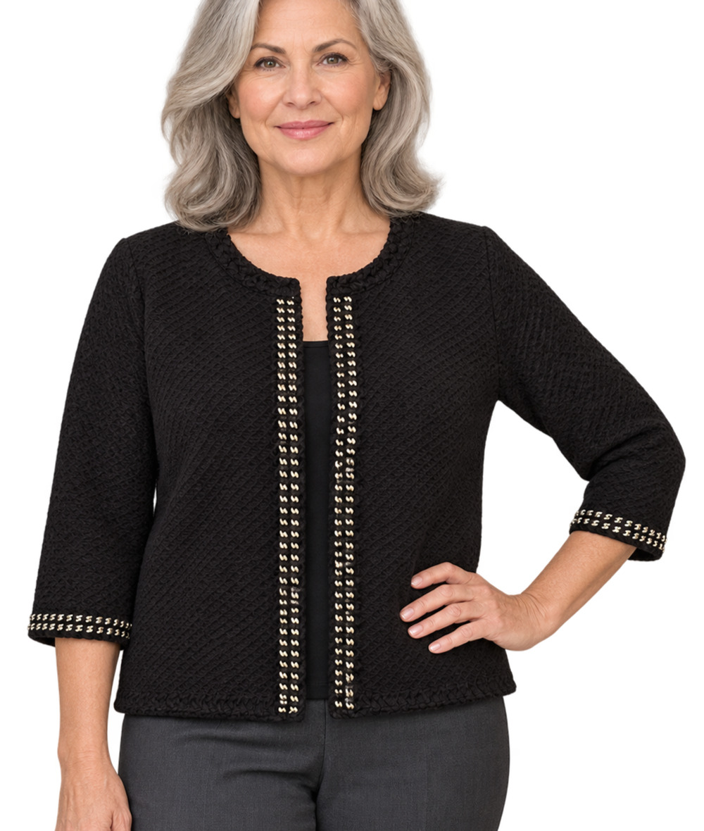 Chico's L Black Cotton Chain Trim Cropped Cardigan Jacket Zebra Lined